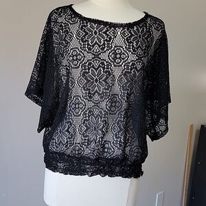 Lauren Michelle black lace top with ruffle trim Size L